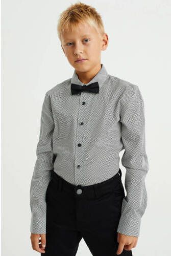 WE Fashion overhemd met vlinderstrik zwart wit Jongens Stretchdenim Klassieke kraag 110 116