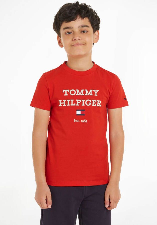Tommy Hilfiger T-shirt met tekst felrood Jongens Katoen Ronde hals Tekst 116