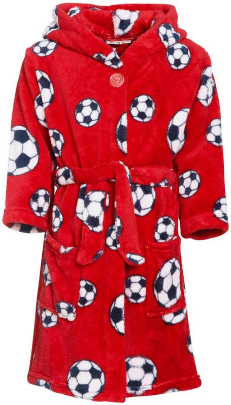 Playshoes fleece badjas Socces met voetbal dessin rood All over print 146 152