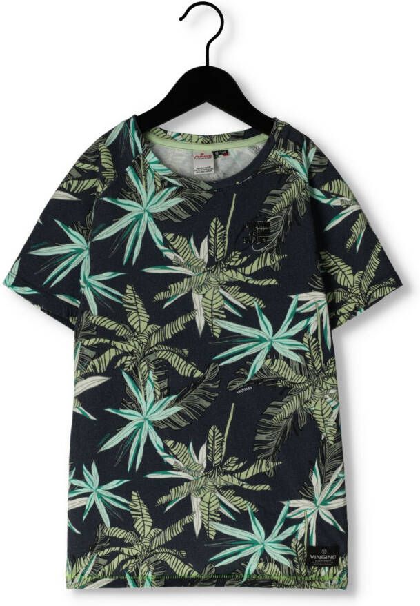 VINGINO T-shirt JEAL met bladprint groen donkerblauw Jongens Katoen Ronde hals 104